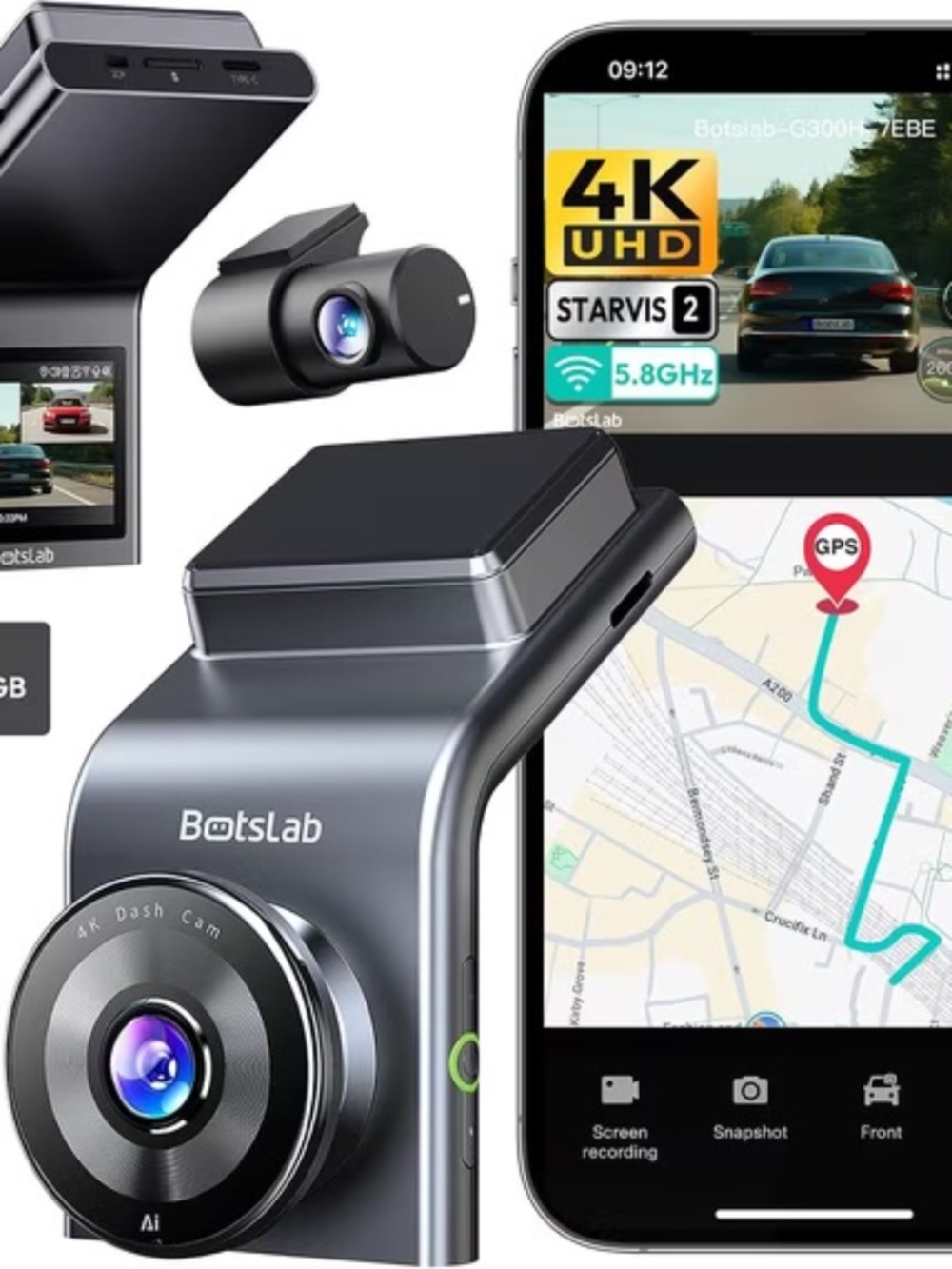 BOTSLAB G300H Plus 4K STARVIS 2 Dual Dash Cam Front and Rear, 64GB Card NWT